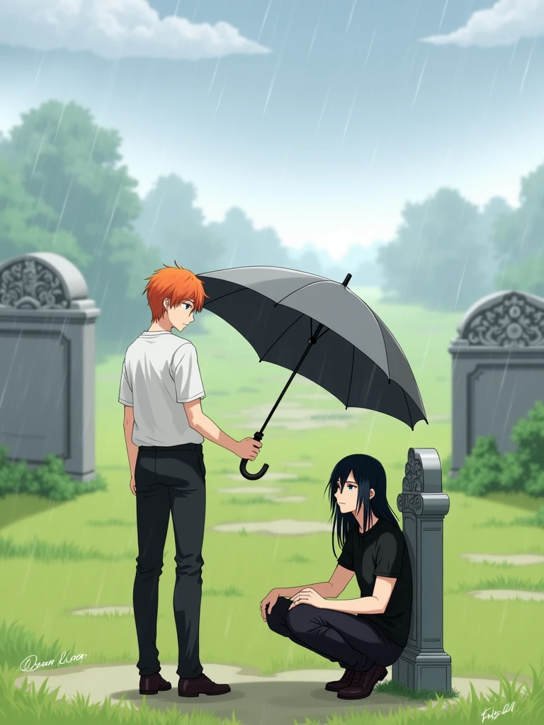 A guy with long black hair, gray eyes, Beautiful face, beautiful body, black T-shirt, black trousers, sitting leaning against the tombstone, It&#39;s raining, sad, A guy with orange hair and blue eyes stands a meter away., Beautiful face, beautiful body, White T-shirt, dark gray pants, He extends a gray, open umbrella towards him, anime art, realistically, super detail, masterpiece