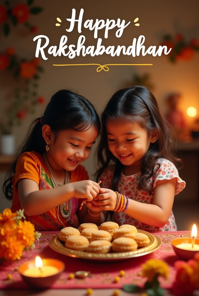 A warm and festive scene where a sister is tying a rakhi on her brother's wrist. The brother is smiling warmly as they share this special moment. In the background, a beautifully decorated space reflects the joy of the occasion, with traditional elements like a thali with sweets, diya, and flowers, and the words 'Happy Rakshabandhan' written elegantly, adding to the celebratory atmosphere