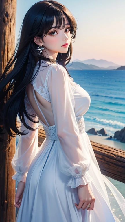 (masterpiece,Highest quality,,8k,High resolution),One female,,Beautiful Face,Beautiful Face,Beautiful eyes,Beautiful lips,,Black Hair,look back,,flower,Sandy beach with a view of the forest,A bright night with stars visible,jewelry,Holding,Long sleeve,necklace,Long Hair,dress,(whole body),Highly detailed anime art,
