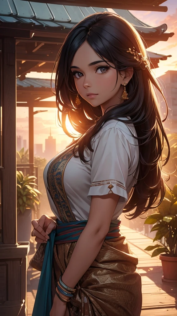 a beautiful indian looking woman with a round face and long hair, outdoor scenery, cloudy sky, sunset, a building with a sign, plants and bushes, (best quality,4k,8k,highres,masterpiece:1.2),ultra-detailed,(realistic,photorealistic,photo-realistic:1.37),HDR,UHD,studio lighting,ultra-fine painting,sharp focus,physically-based rendering,extreme detail description,professional,vivid colors,bokeh,portrait,landscape,cinematic lighting