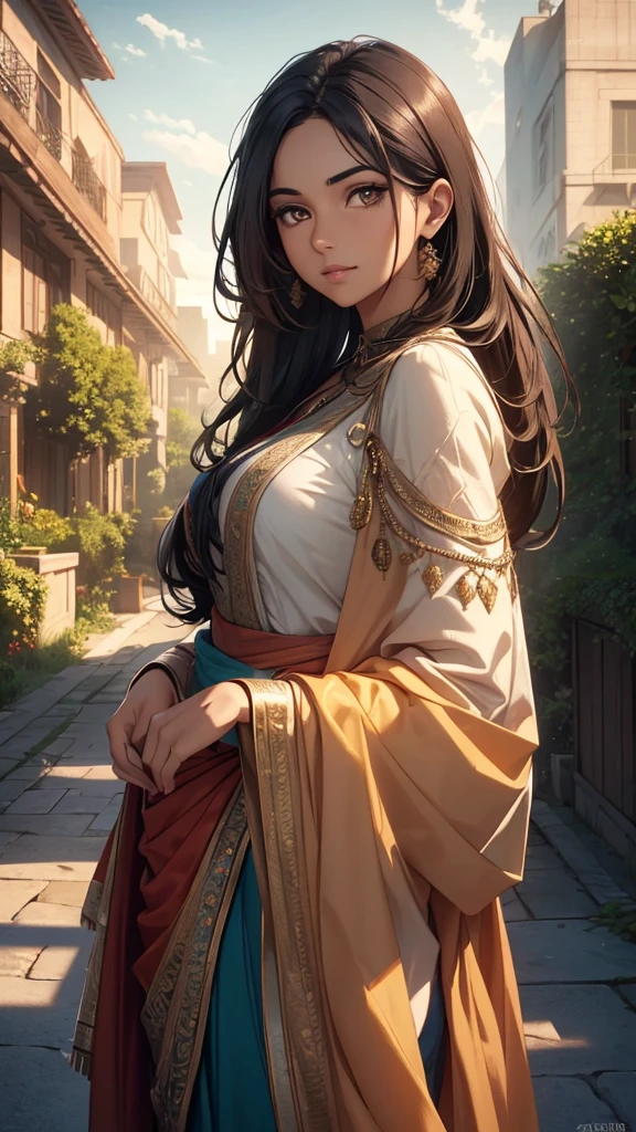 a beautiful indian looking woman with a round face and long hair, outdoor scenery, cloudy sky, sunset, a building with a sign, plants and bushes, (best quality,4k,8k,highres,masterpiece:1.2),ultra-detailed,(realistic,photorealistic,photo-realistic:1.37),HDR,UHD,studio lighting,ultra-fine painting,sharp focus,physically-based rendering,extreme detail description,professional,vivid colors,bokeh,portrait,landscape,cinematic lighting