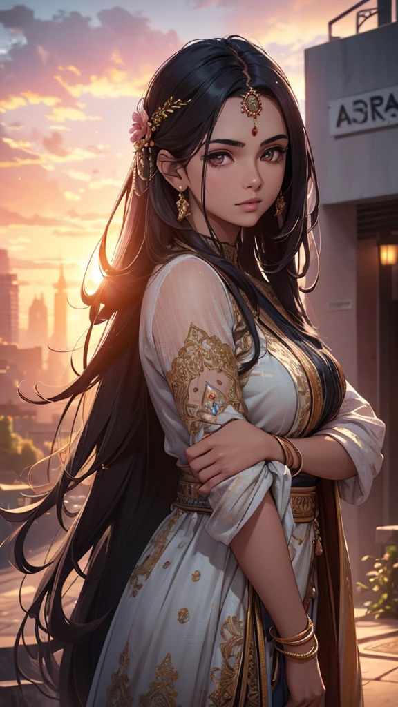 a beautiful indian looking woman with a round face and long hair, outdoor scenery, cloudy sky, sunset, a building with a sign, plants and bushes, (best quality,4k,8k,highres,masterpiece:1.2),ultra-detailed,(realistic,photorealistic,photo-realistic:1.37),HDR,UHD,studio lighting,ultra-fine painting,sharp focus,physically-based rendering,extreme detail description,professional,vivid colors,bokeh,portrait,landscape,cinematic lighting
