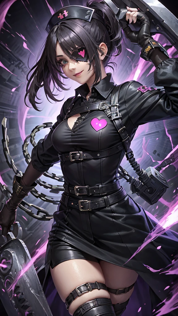 A beautiful girl wearing a black punk nurse outfit()A person with short purple-highlighted black hair, wearing an eyepatch with a heart on it, holding a small chainsaw and smiling.