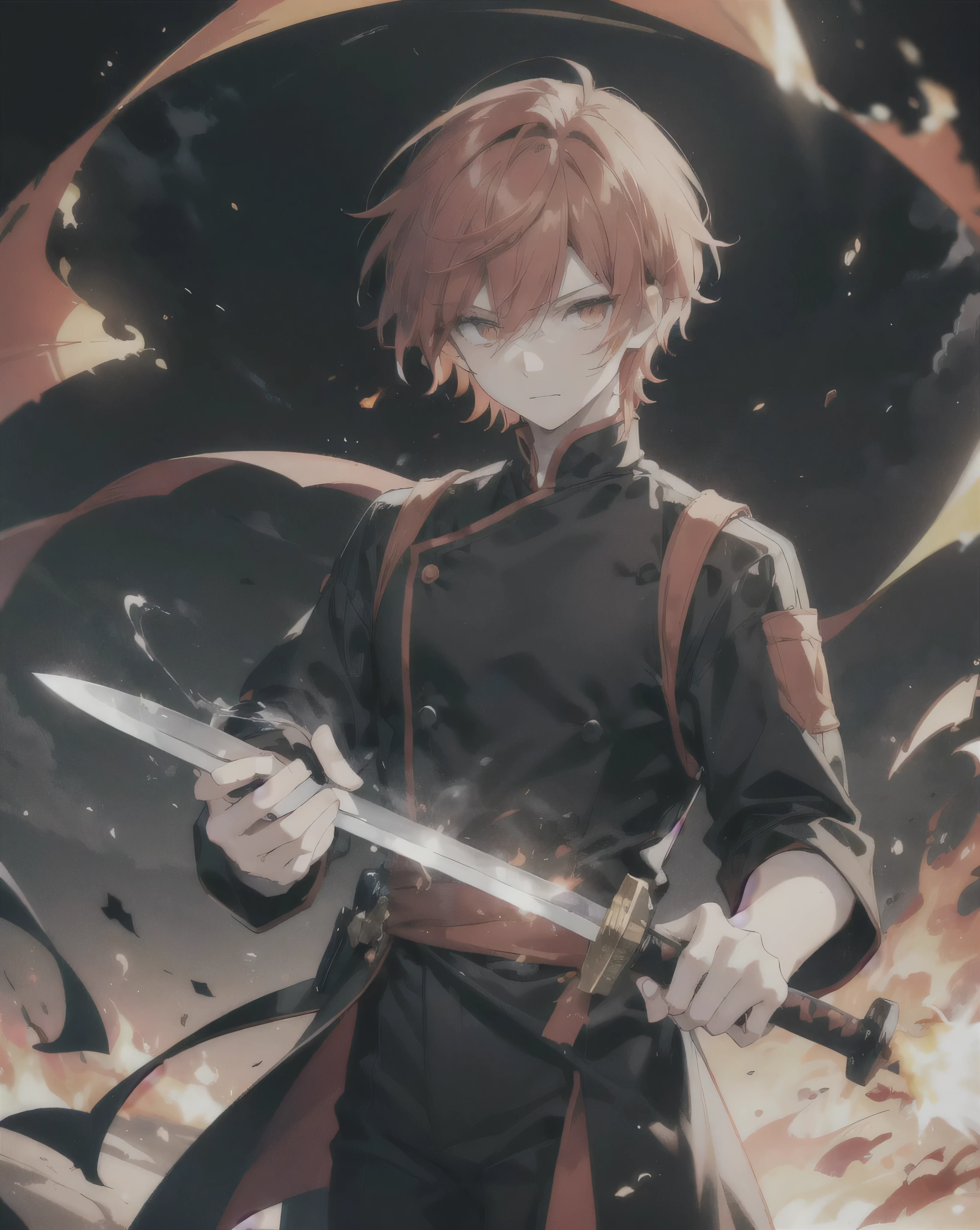 23-year-old male, 180cm tall, androgynous beauty, sharp golden eyes, short messy flame-red hair with a single vibrant red streak, medium build, ethereal appearance, wearing a disheveled black dress shirt with rolled-up sleeves, black skinny pants, holding a chef's knife surrounded by magical flames, sword master, various floating cooking utensils emitting sparks and embers, large orange paper umbrella behind head creating a halo effect, twilight sky background, reflective water surface, detailed anime style illustration, intense expression with slight smile, hidden power aura, culinary magic theme, fire and sparks swirling around the character