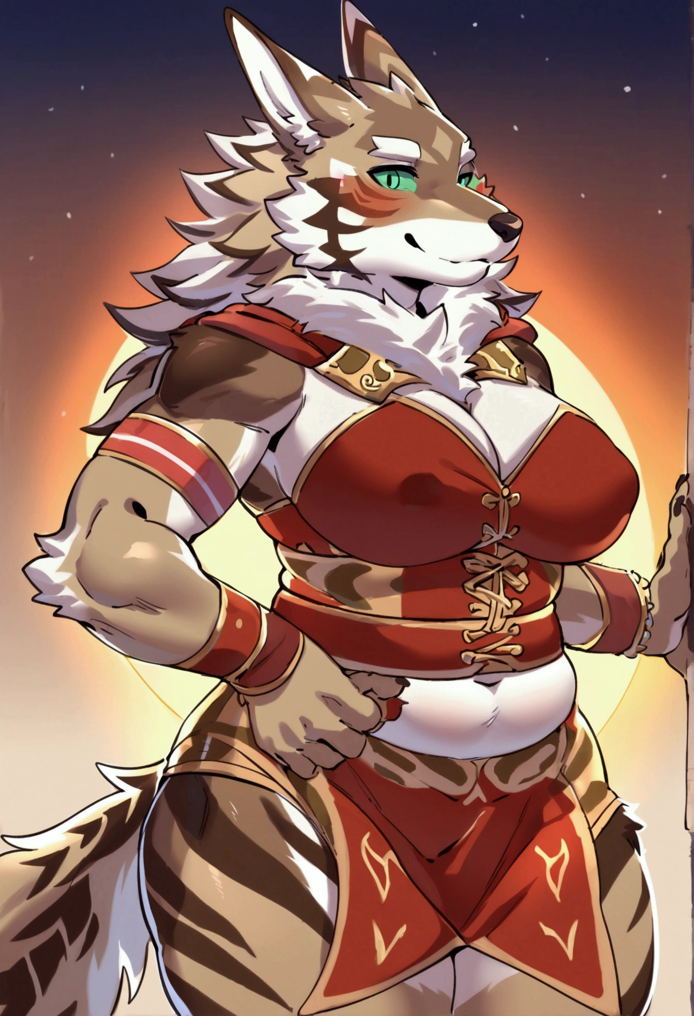 top quality, best quality, by estper, High-quality illustrations, masterpiece)(kemono, furry anthro), very beautiful and detailed body face and eyes, round, 1 female, jackal, Seth, (Tokyo Afterschool Summoners), slightly chubby, mature face, brown furs, fluffy, tail, big breasts, perfect eyes, green sclera eyes, beautiful medieval guard clothes, body movement, body twitching, red blushing, clumsy,