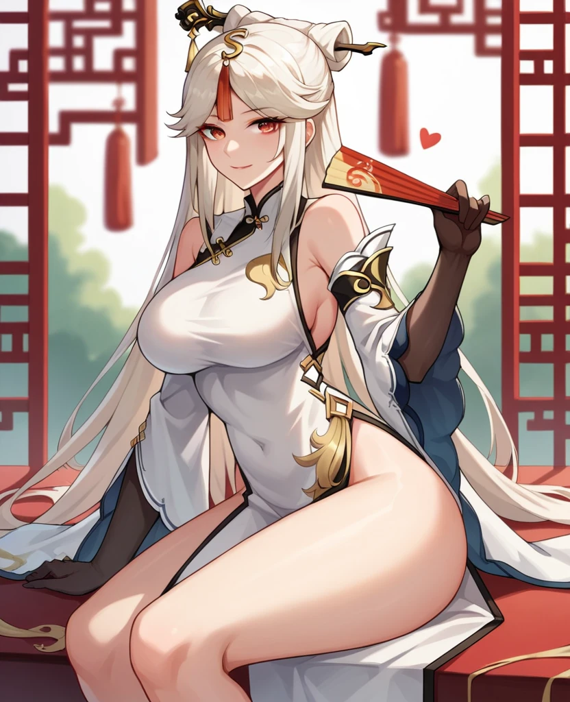 ningguang (genshin impact), 1girl, solo, long hair, , looking at viewer, smile, bangs, large breastsornament, red eyes, dress, holding, bare shoulders, sitting, white hair, heart, thighs, detached sleeves, solo focus, looking back, from behind, white dress, blurry, chinese clothes, tassel, china dress, hand fan, pelvic curtain, hairpin, folding fan, holding fan