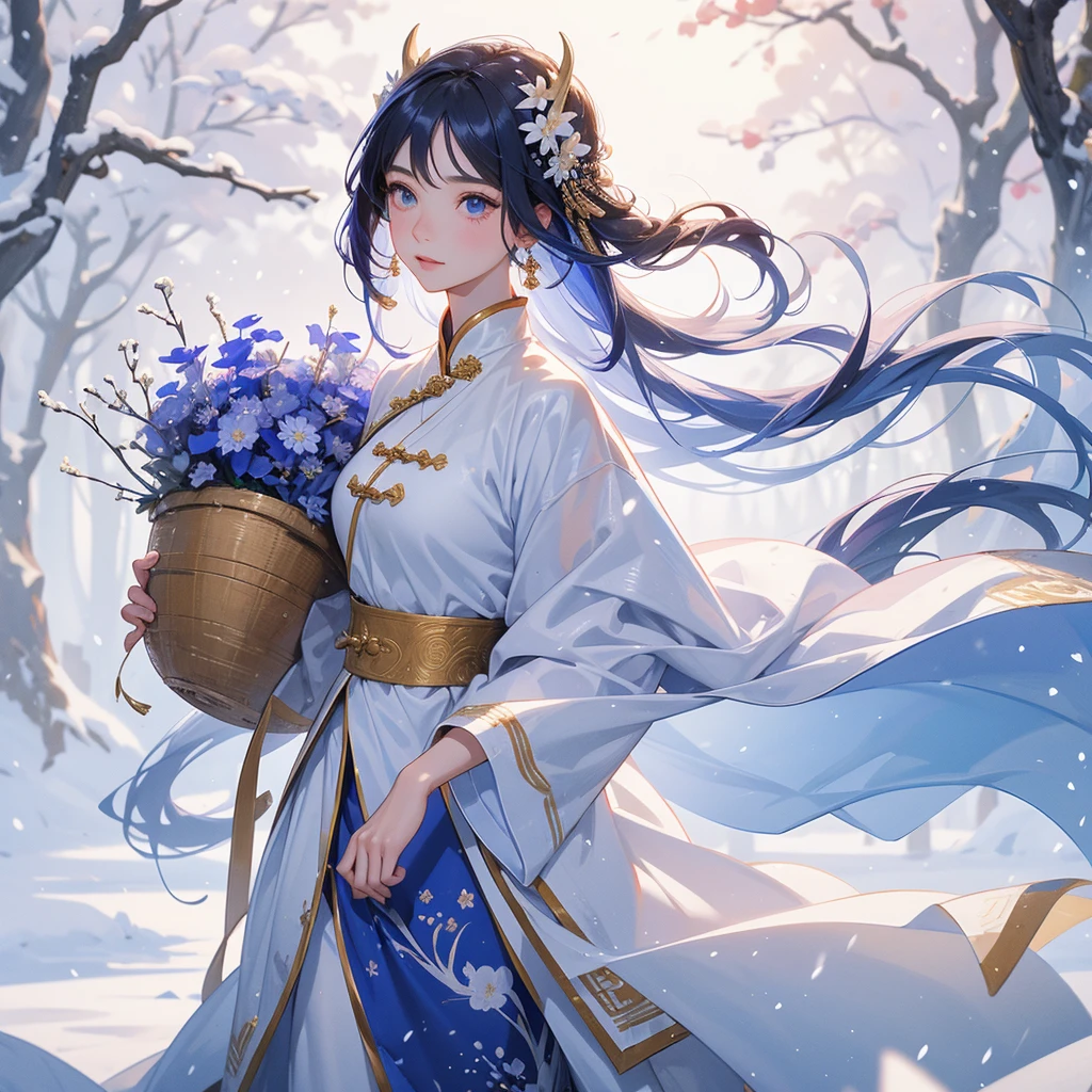 A beautiful female general holding a big spear in an ancient blue Chinese general costume, Walking with a woven basket full of flowers, in the middle of a snowstorm, white snow is falling, The sun shines and the sun rises, close up, The trees are covered in white snow, The snow is falling, close up.