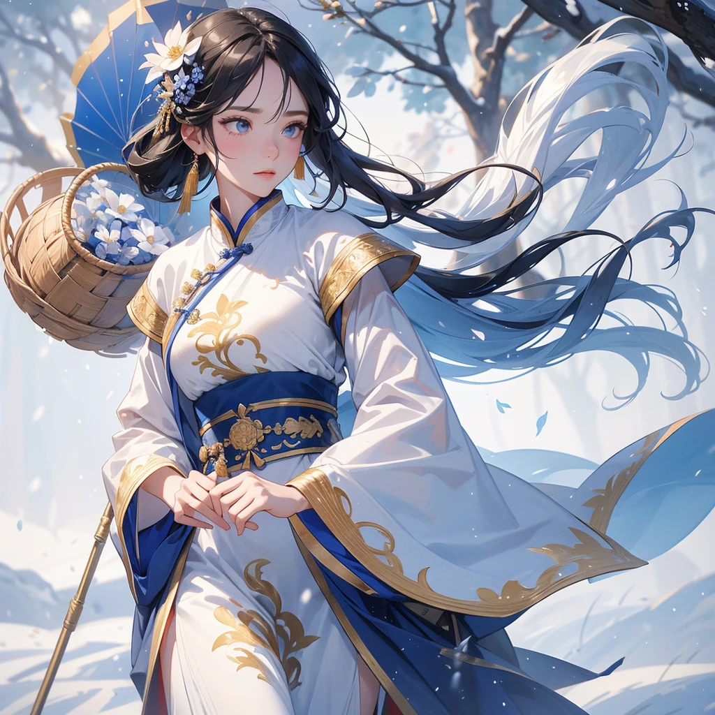 A beautiful female general holding a big spear in an ancient blue Chinese general costume, Walking with a woven basket full of flowers, in the middle of a snowstorm, white snow is falling, The sun shines and the sun rises, close up, The trees are covered in white snow, The snow is falling, close up.