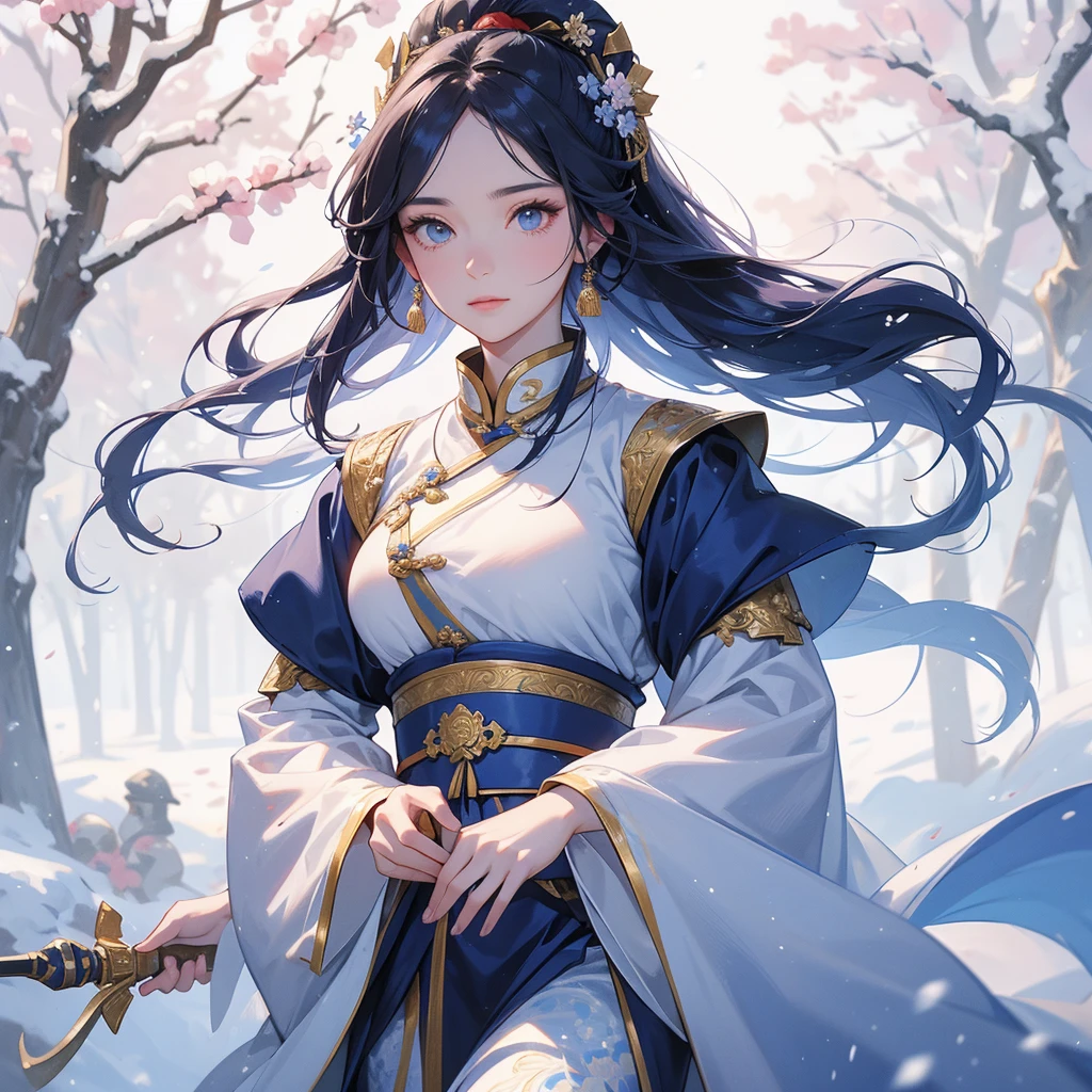 A beautiful female general holding a big spear in an ancient blue Chinese general costume, Walking with a woven basket full of flowers, in the middle of a snowstorm, white snow is falling, The sun shines and the sun rises, close up, The trees are covered in white snow, The snow is falling, close up.