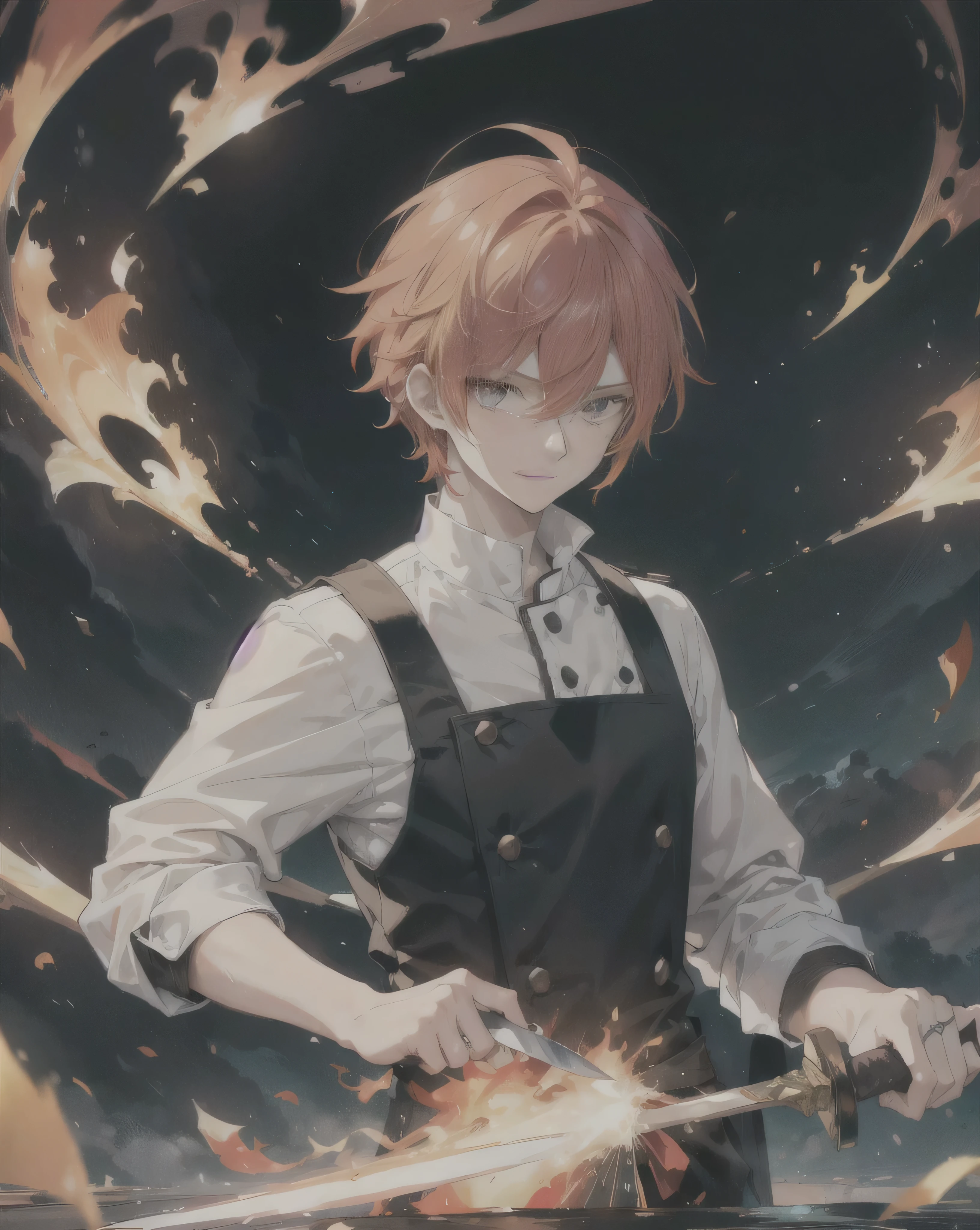 23-year-old male, 180cm tall, androgynous beauty, sharp golden eyes, short messy flame-red hair with a single vibrant red streak, medium build, ethereal appearance, wearing a disheveled black dress shirt with rolled-up sleeves, black skinny pants, holding a chef's knife surrounded by magical flames, sword master, various floating cooking utensils emitting sparks and embers, large orange paper umbrella behind head creating a halo effect, twilight sky background, reflective water surface, detailed anime style illustration, intense expression with slight smile, hidden power aura, culinary magic theme, fire and sparks swirling around the character