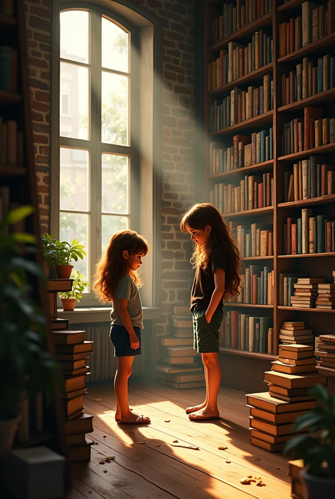 A girl with her back turned to a boy in a bookstore 