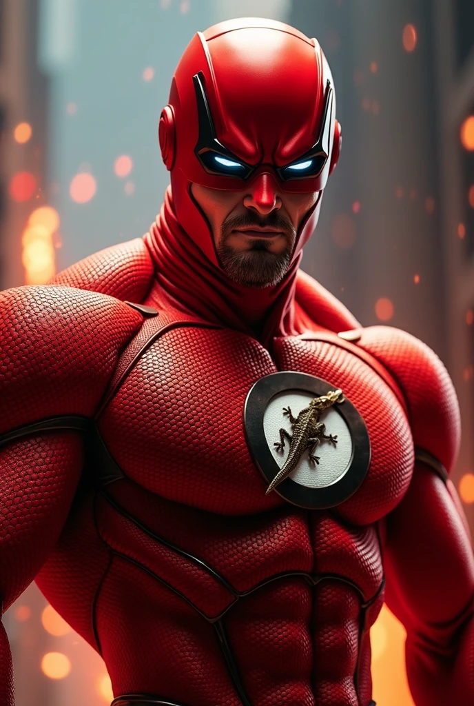 a man wearing a red superhero costume,. Red helmet highly detailed, dynamic pose, high quality, photorealistic, intricate costume design. Detail costume. Honeycomb design, musculature, strong lighting,lizard hero cinematic angle, dramatic shadows, vibrant colors, comic book style. Circle logo on chest. Lizard logo on chest.