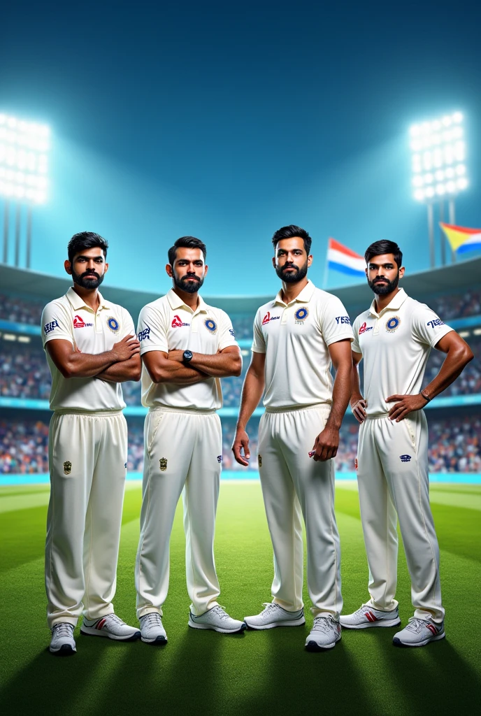 Virat Kohli Rohit Sharma jasprit bumrah Gautam Gambhir AI photo in indian white colour test cricket jersey