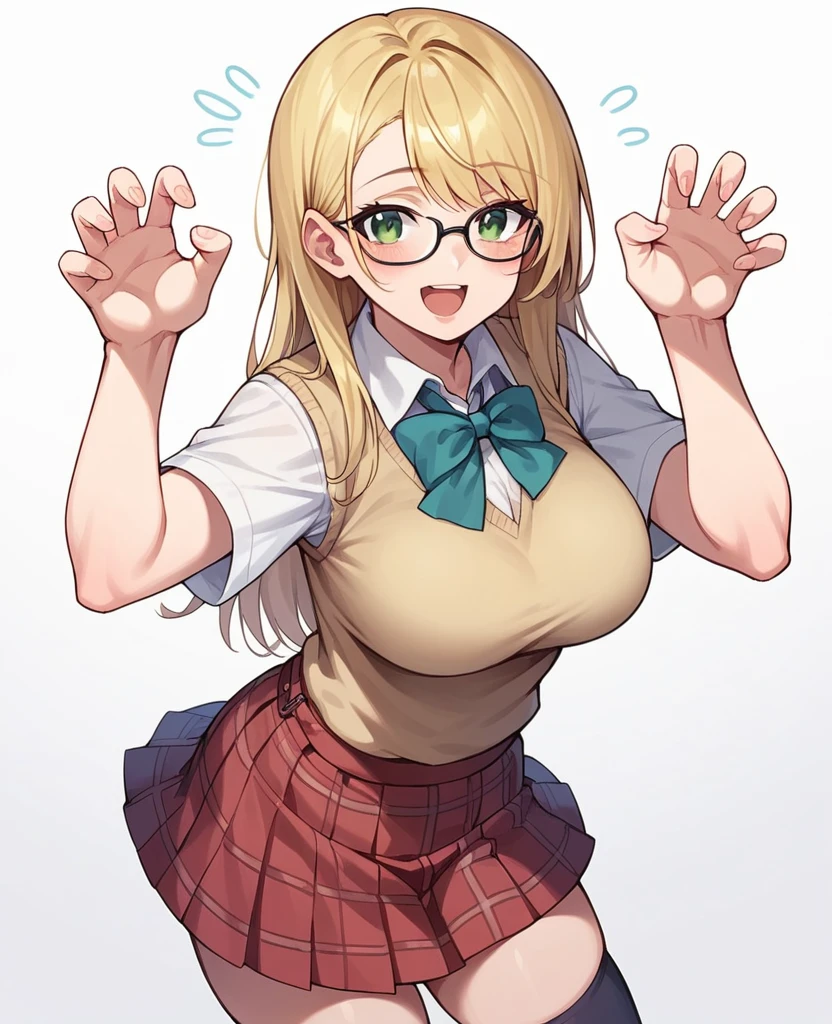 1girl, solo, long hair, breasts, looking at viewer, blush, smile, open mouth, skirt, blonde hair, large breasts, simple background, shirt, white background, bow, school uniform, green eyes, white shirt, short sleeves, :d, pleated skirt, glasses, socks, miniskirt, plaid, kneehighs, red skirt, plaid skirt, hair intakes, sweater vest, claw pose