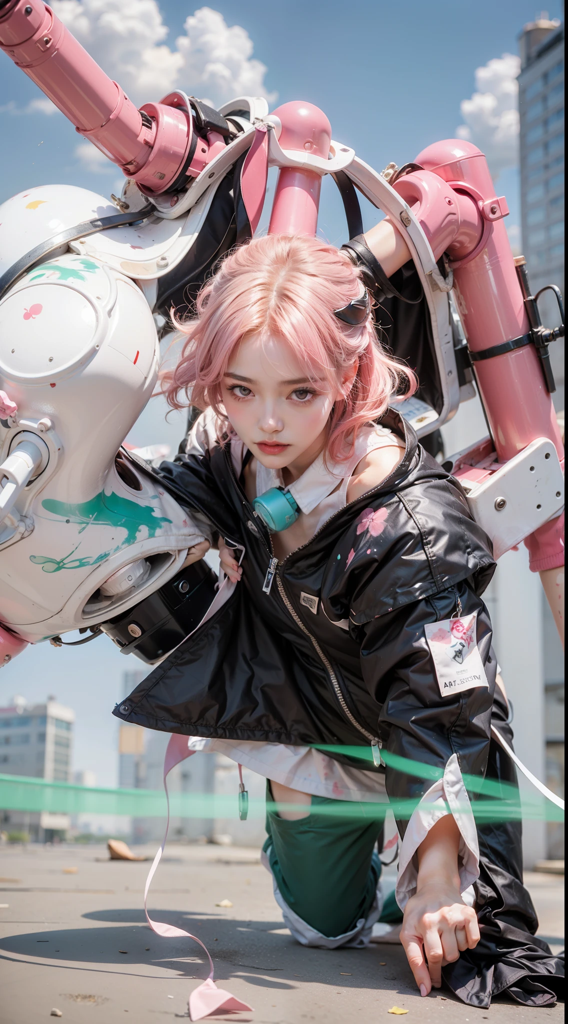 Light pink hair, pink eyes, pink and white, sakura leafs, vivid colors, white dress, paint splash, simple background, ray tracing, wavy hair