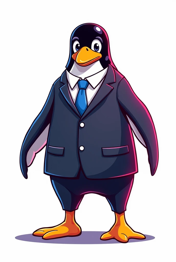 Linux mascot is  wearing business suite bravest 
human structure wearing business suite Linux mascot  mid shot retro comic style neno colours white background 4k image  human legs