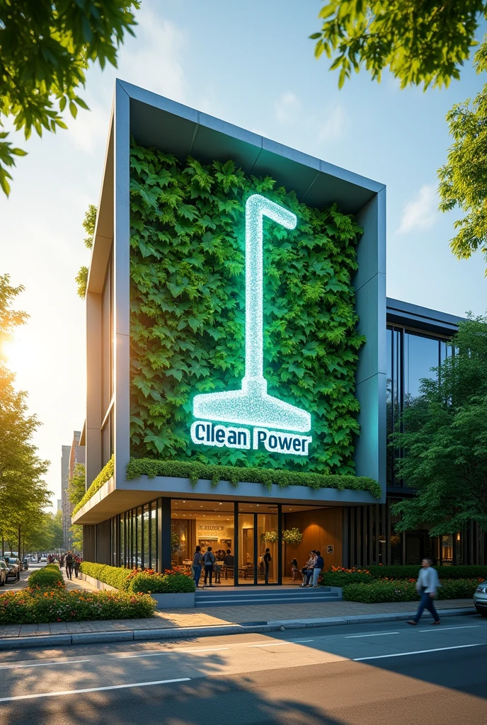 The building with a cleaning logo has the text 'clean power'