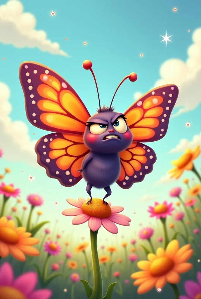 Angry butterfly fell on flowers 
Cartoon character