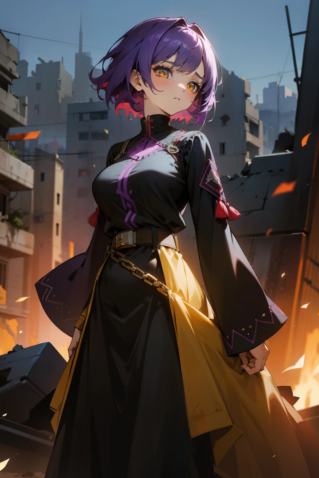 A cute girl, short purple hair, yellow eyes, Palestinian attire, large breasts, a black dress embroidered with red, a long-sleeved dress, a belt, a destroyed city in the background. 