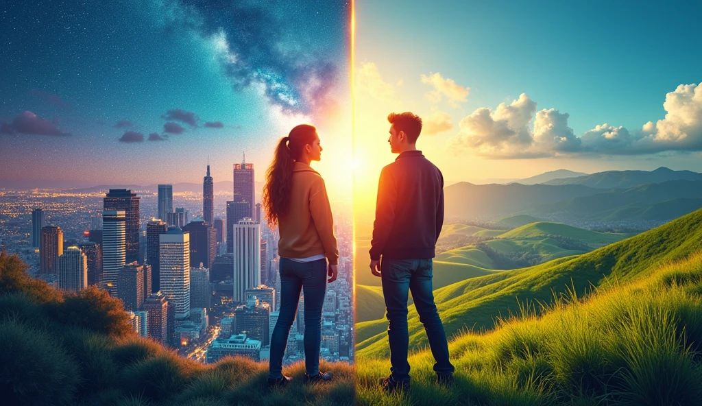 Create a vibrant YouTube thumbnail showcasing two friends standing side by side. Each friend is looking in a different direction, symbolizing their unique dreams. The background should be split, representing their individual aspirations—one half could depict a city skyline (career goals), and the other half a nature landscape (adventure or freedom). Use bright colors and bold text that reads 'Two Friends, Two Dreams,' with each word matching the tone of the background it overlays."