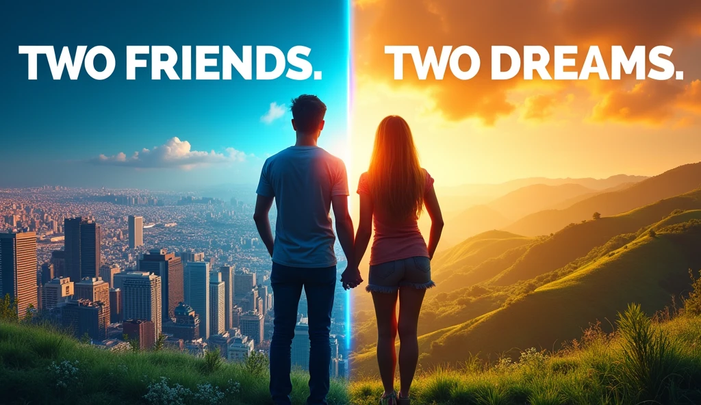 Create a vibrant YouTube thumbnail showcasing two friends standing side by side. Each friend is looking in a different direction, symbolizing their unique dreams. The background should be split, representing their individual aspirations—one half could depict a city skyline (career goals), and the other half a nature landscape (adventure or freedom). Use bright colors and bold text that reads 'Two Friends, Two Dreams,' with each word matching the tone of the background it overlays."