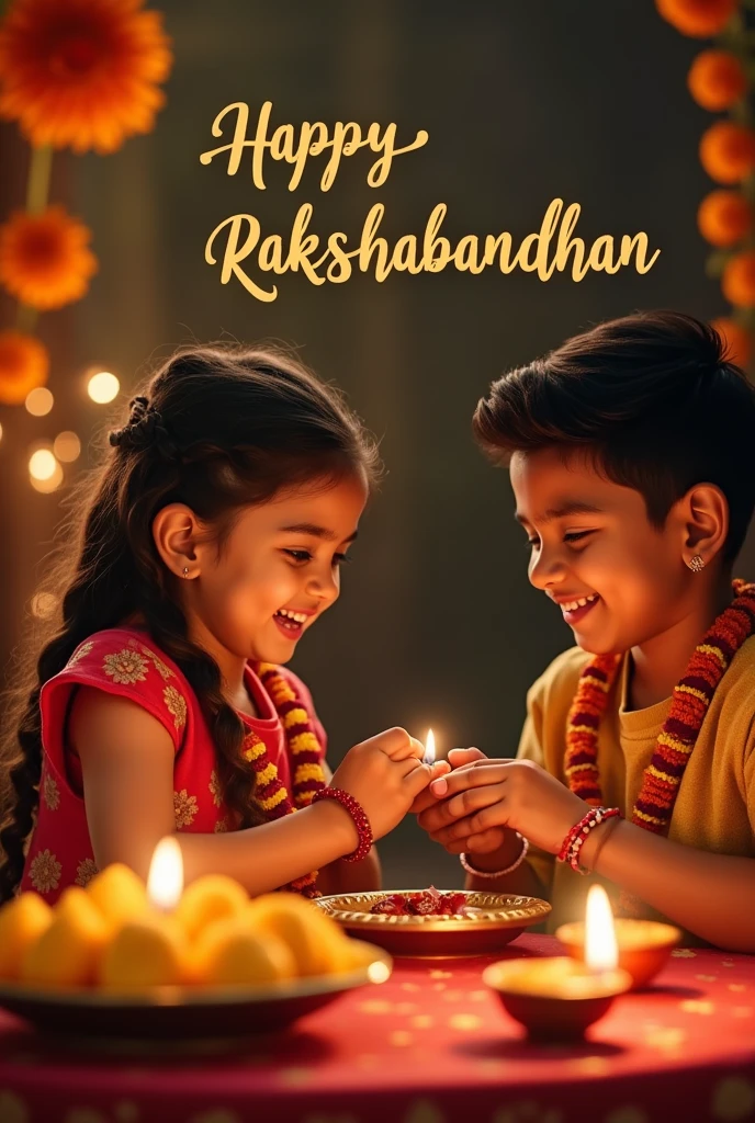 A warm and festive scene where a sister is tying a rakhi on her brother's wrist. The brother is smiling warmly as they share this special moment. In the background, a beautifully decorated space reflects the joy of the occasion, with traditional elements like a thali with sweets, diya, and flowers, and the words 'Happy Rakshabandhan' written elegantly, adding to the celebratory atmosphere