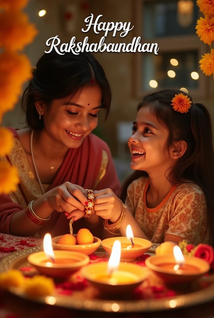 A warm and festive scene where a sister is tying a rakhi on her brother's wrist. The brother is smiling warmly as they share this special moment. In the background, a beautifully decorated space reflects the joy of the occasion, with traditional elements like a thali with sweets, diya, and flowers, and the words 'Happy Rakshabandhan' written elegantly, adding to the celebratory atmosphere