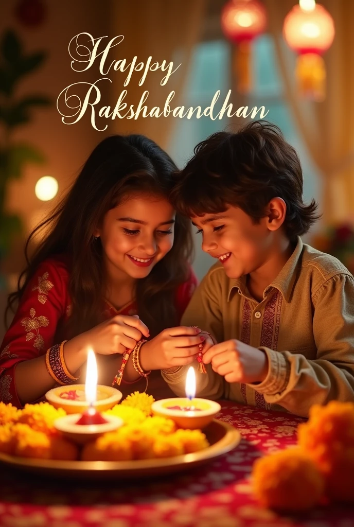 A warm and festive scene where a sister is tying a rakhi on her brother's wrist. The brother is smiling warmly as they share this special moment. In the background, a beautifully decorated space reflects the joy of the occasion, with traditional elements like a thali with sweets, diya, and flowers, and the words 'Happy Rakshabandhan' written elegantly, adding to the celebratory atmosphere