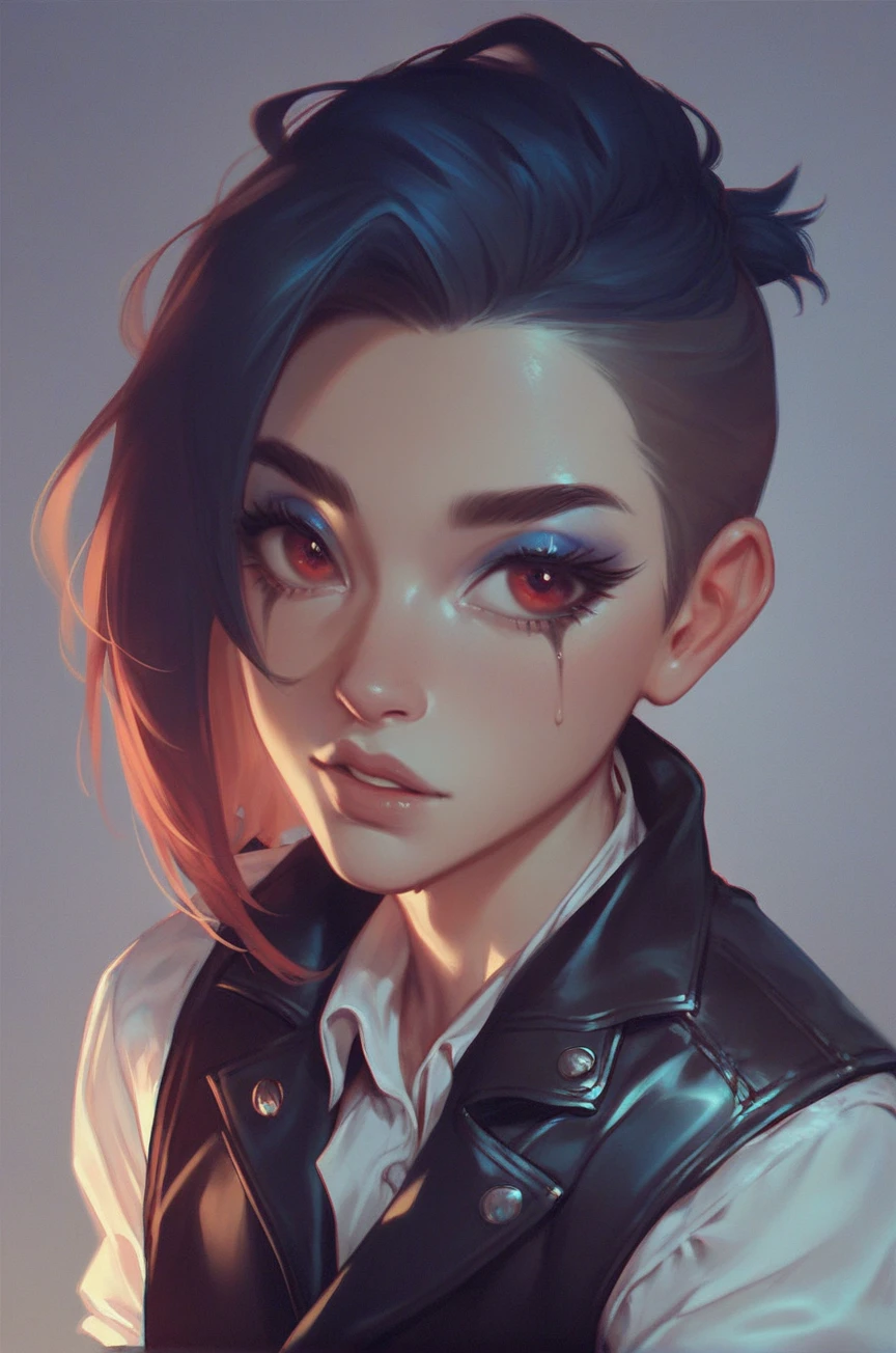A girl, Cute face, Arrogant expression, Lift your chin, Bob, Asymmetrical hair, light makeup, Eyeshadow, Red Eyes, Thick eyelashes, Long eyelashes, Vest, leather jacket, Perfect slim figure, upper body, Looking at the audience, torn tones Fraction_9, Fraction_8_Direction_7_up