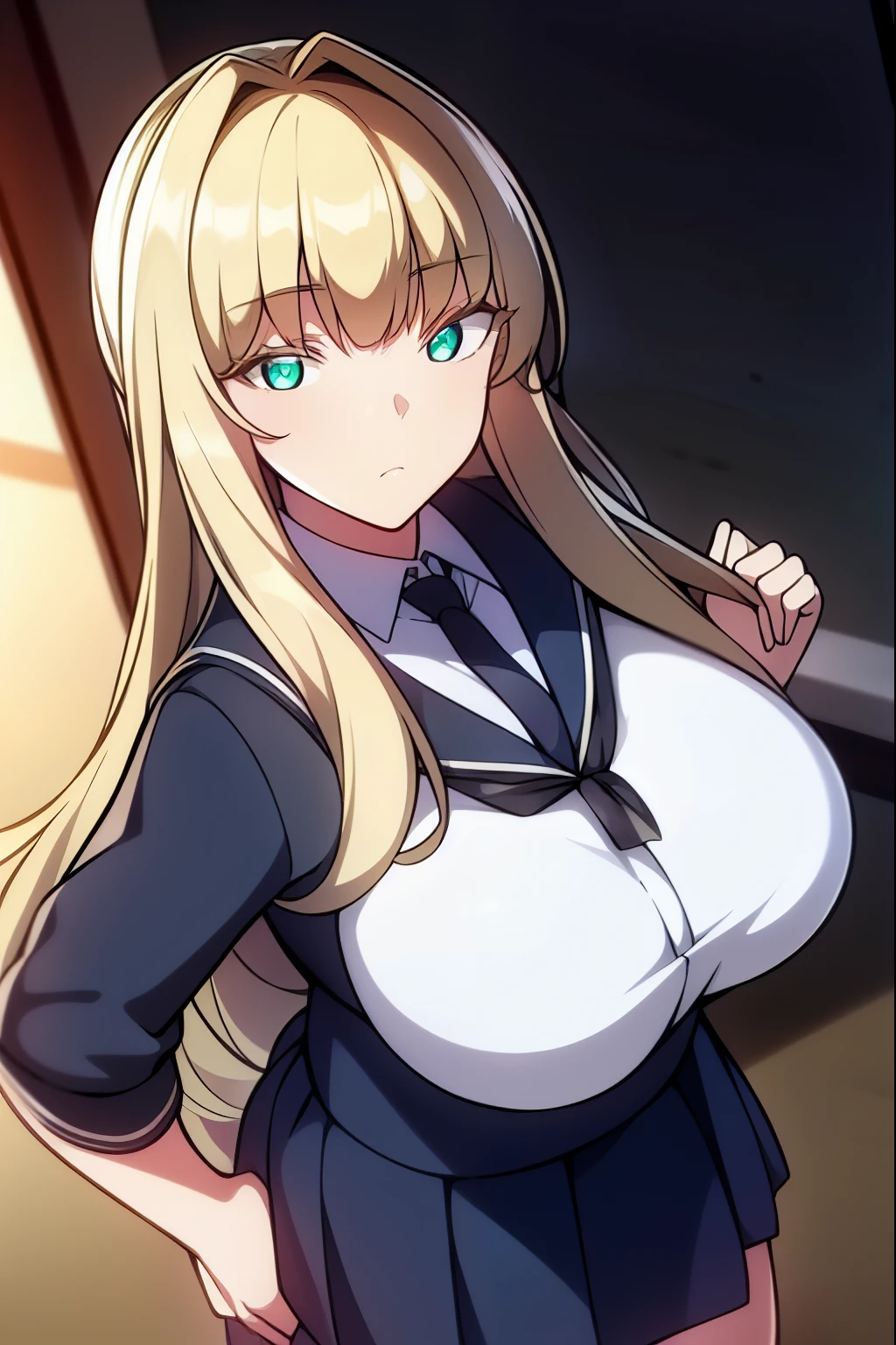 louisa_richter, blonde hair, long hair, emerald green eyes, big breast, standing, school uniform, black sweater, BREAK looking at viewer, BREAK outdoors, park, BREAK (masterpiece:1.2), best quality, high resolution, unity 8k wallpaper, (illustration:0.8), (beautiful detailed eyes:1.6), extremely detailed face, perfect lighting, extremely detailed CG, (perfect hands, perfect anatomy),