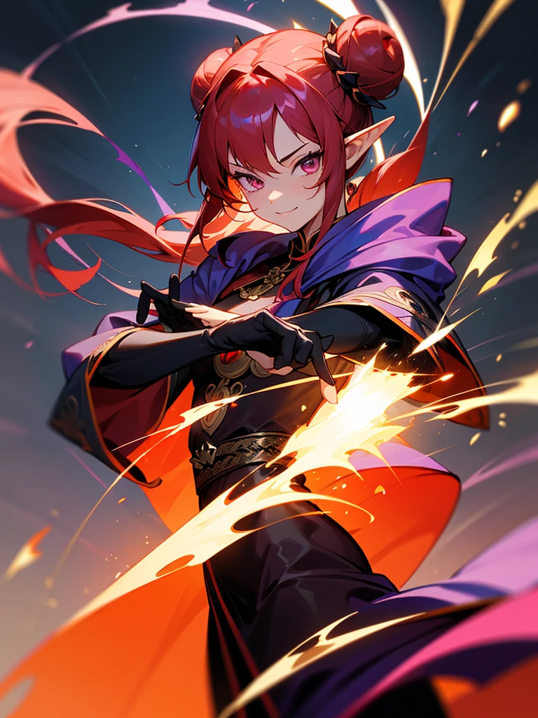 a girl,Elf,Magician,martial artist,15 years old,long red hair,long twintails,bun tou,Pink eyes,Chinese style,short and small,Bright smile,((Deep purple cloak)),Sleeveless high-necked top,black leggings,Magic gloves,flame,Elemental magic,((handsome pose)),Rendering,Super details,Upper Body,movie lighting effects,best picture