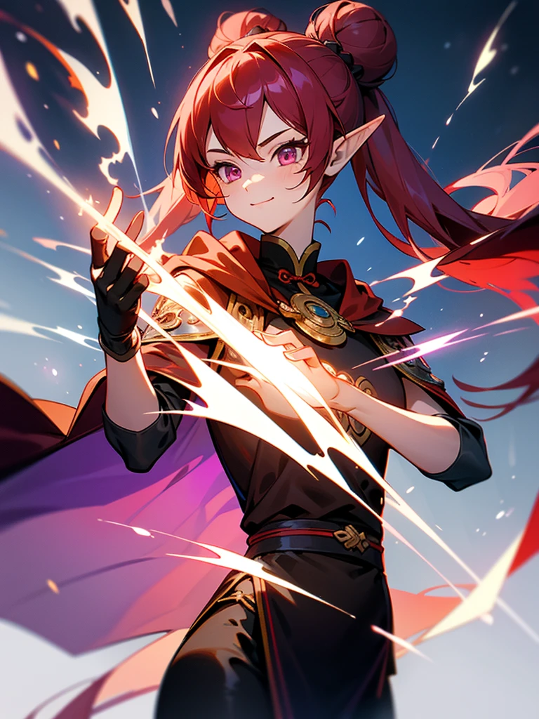a girl,Elf,Magician,martial artist,15 years old,long red hair,long twintails,bun tou,Pink eyes,Chinese style,short and small,Bright smile,((Deep purple cloak)),Sleeveless high-necked top,black leggings,Magic gloves,flame,Elemental magic,((handsome pose)),Rendering,Super details,Upper Body,movie lighting effects,best picture
