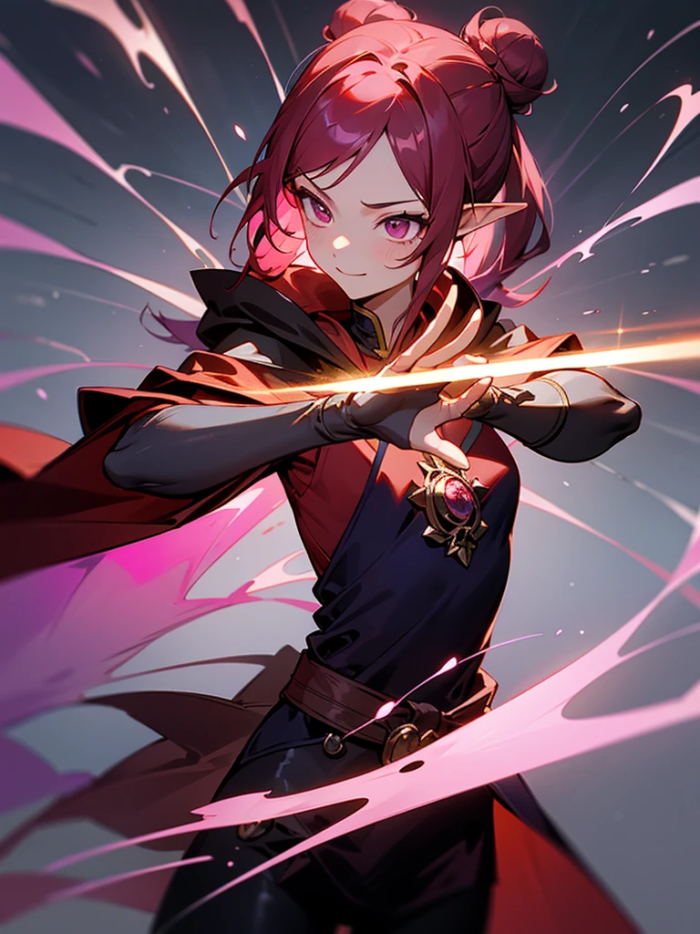 a girl,Elf,Magician,martial artist,15 years old,long red hair,long twintails,bun tou,Pink eyes,Chinese style,short and small,Bright smile,((Deep purple cloak)),Sleeveless high-necked top,black leggings,Magic gloves,flame,Elemental magic,((handsome pose)),Rendering,Super details,Upper Body,movie lighting effects,best picture