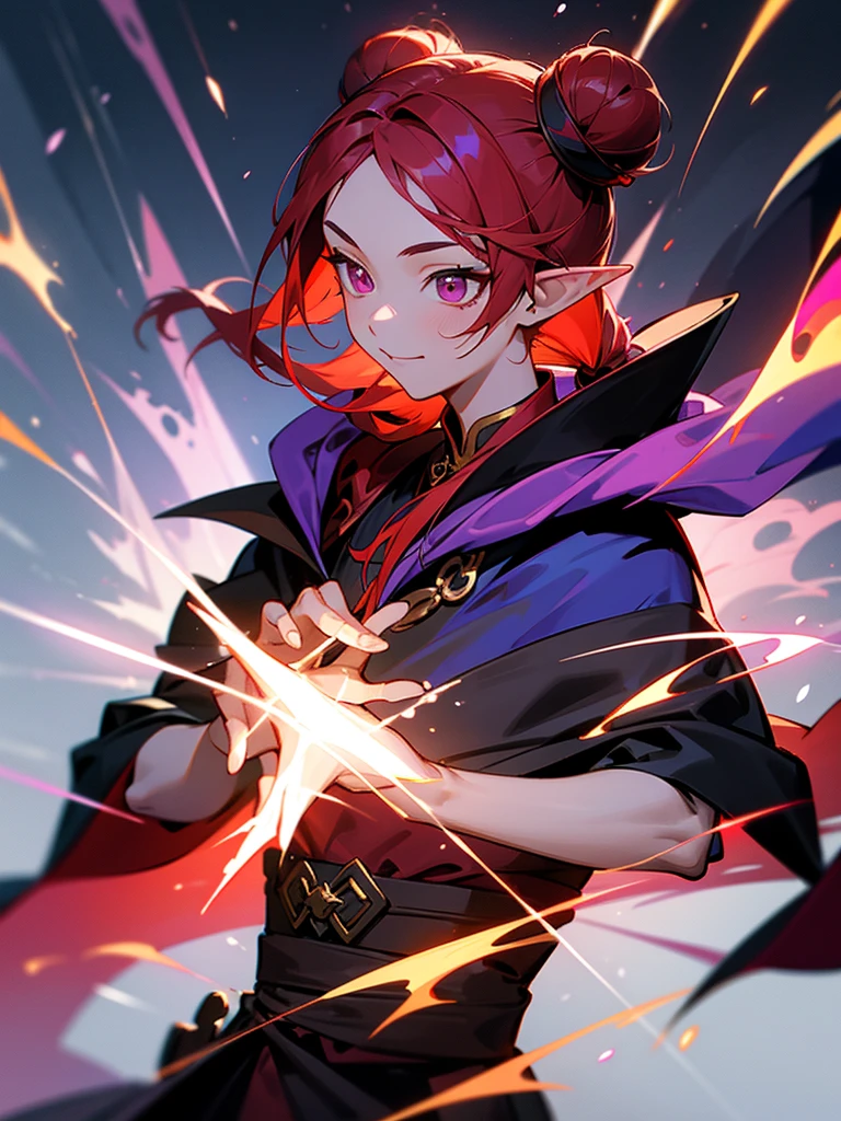 a girl,Elf,Magician,martial artist,15 years old,long red hair,long twintails,bun tou,Pink eyes,Chinese style,short and small,Bright smile,((Deep purple cloak)),Sleeveless high-necked top,black leggings,Magic gloves,flame,Elemental magic,((handsome pose)),Rendering,Super details,Upper Body,movie lighting effects,best picture