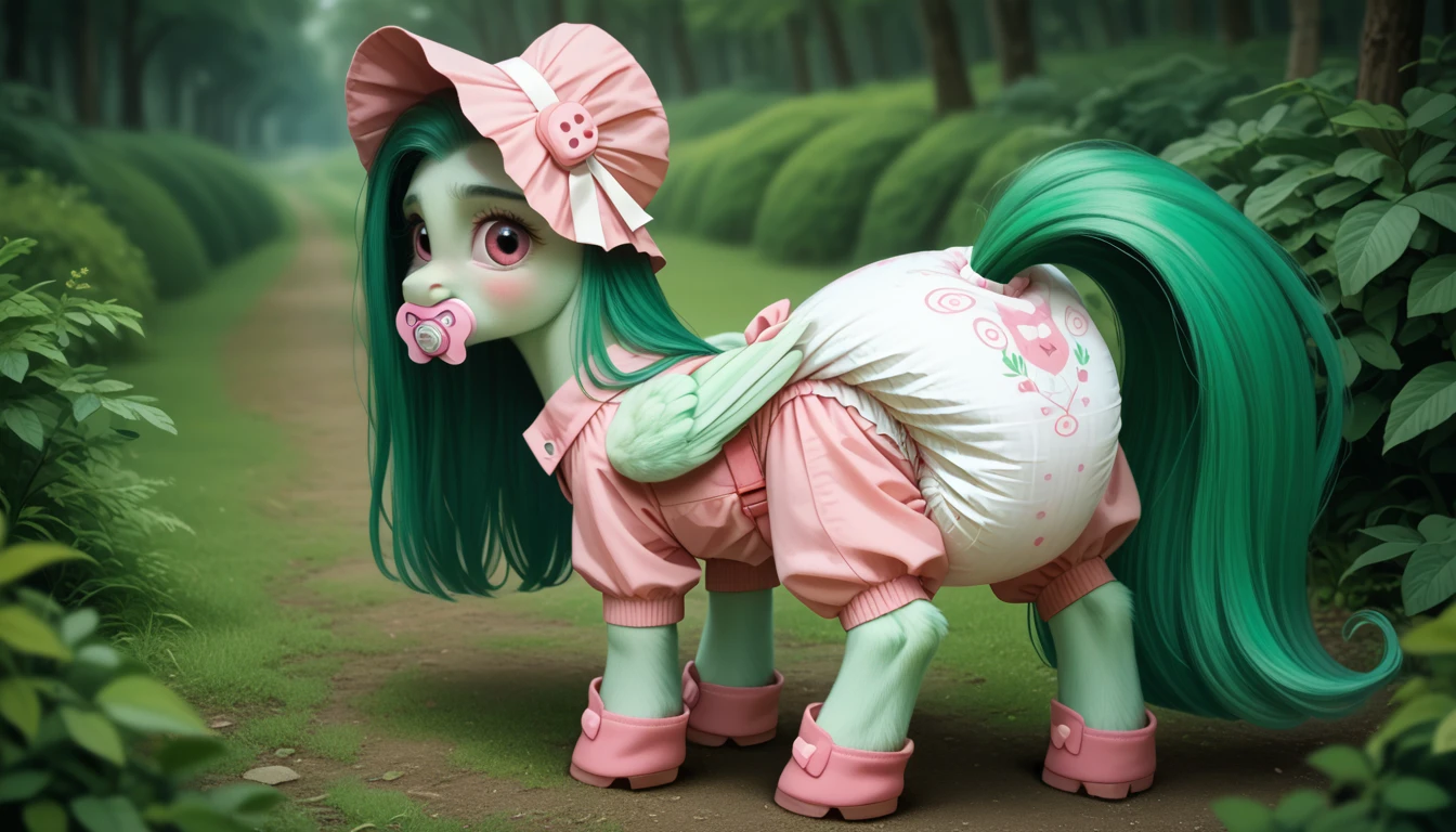 pony, Pegasus, adult mare, emerald green fur, a lush mane of green, gathered in a bonnet of adult size light pink color, a lush tail of green, stands on four hooves, rear hooves spread wide apart, dressed in a pink adult size baby jumpsuit and pink booties, pink pacifier in mouth, solo, thick light pink diaper under clothes, bulge on the back of the diaper, between the hind hooves and on the front of the diaper, saggy diaper, pink blush on cheeks, Embarrassment, Awkwardness.