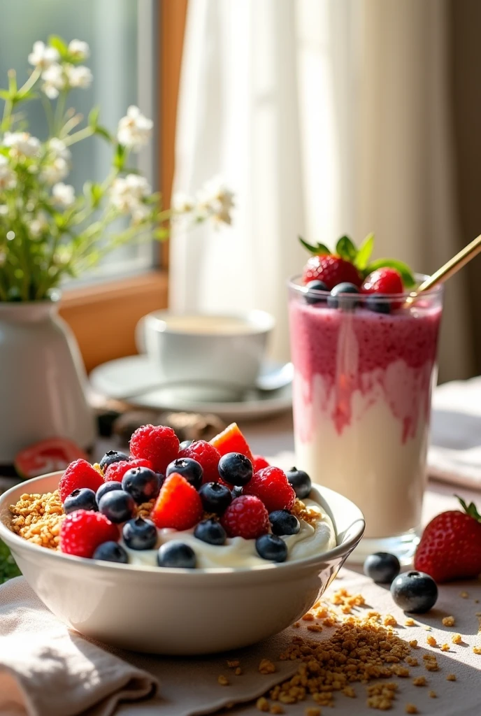 a real like picture of nourishing breakfast, a yoghurt drink with fresh berries and granola yoghurt bowl