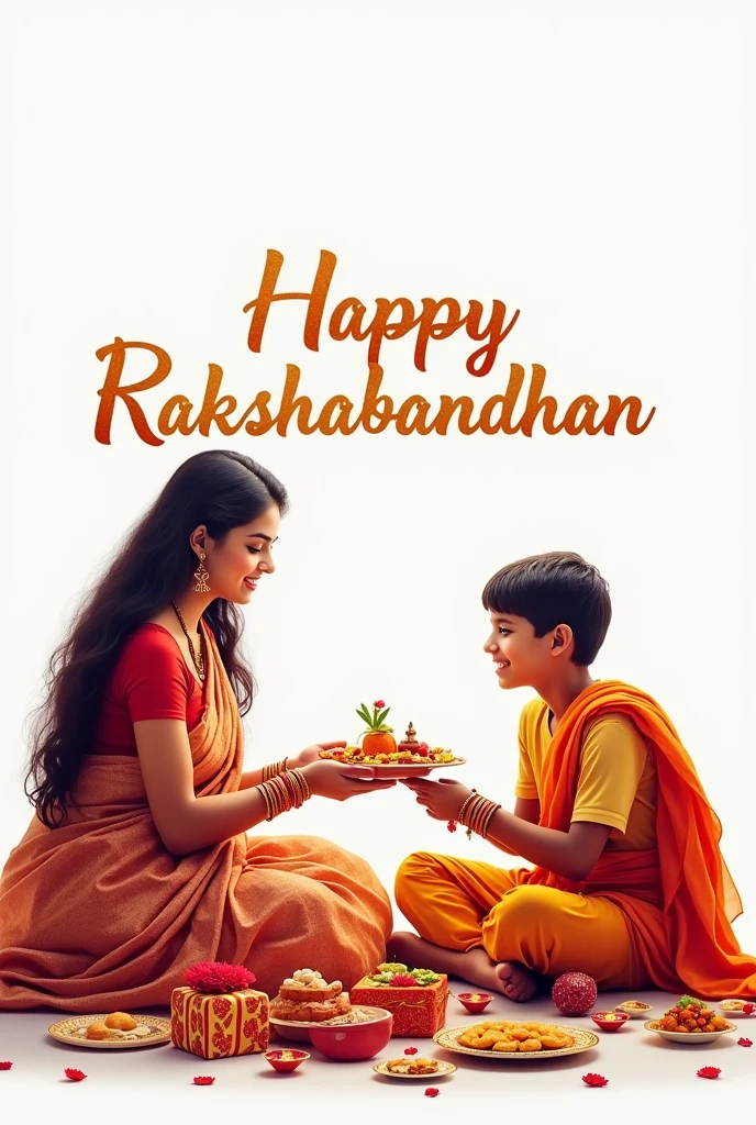 Rakshabandhan fastival, A beautiful Indian girl age 20 years wearing saree carring pooja plate binding raksha band on her brother's right hand, a hindu boy age 19 years,Tila on his forehead,sitting along with her and eating sweet, so many gift sweets and blessings sitting together on floor, white background, wrote caption happy rakshabandhan golden red colour