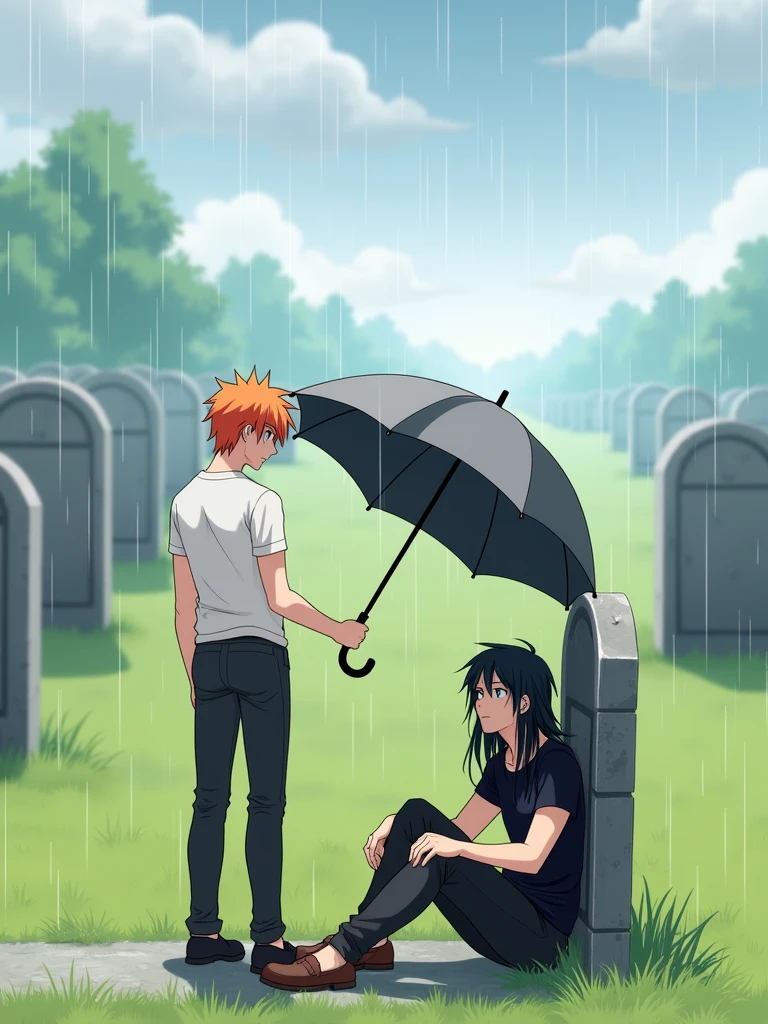 A guy with long black hair, gray eyes, Beautiful face, beautiful body, black T-shirt, black trousers, sitting leaning against the tombstone, It's raining, sad, A guy with orange hair and blue eyes stands a meter away., Beautiful face, beautiful body, White T-shirt, dark gray pants, He extends a gray, open umbrella towards him, anime art, realistically, super detail, masterpiece