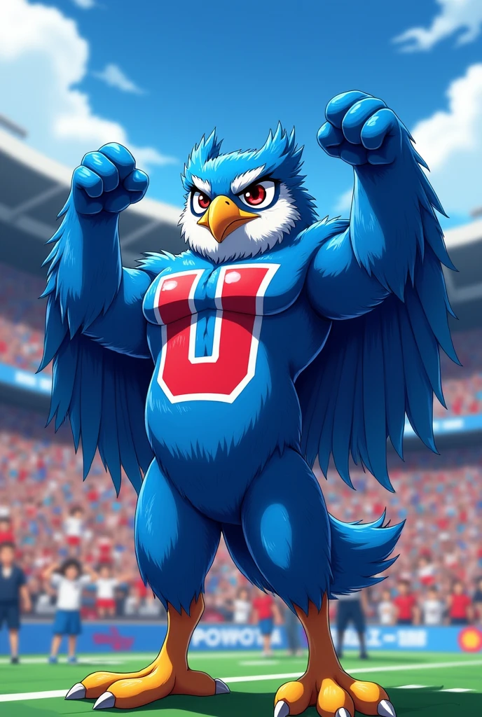 owl shaped like a human figure, anime style, The color blue, with a large U on the chest in red with a white border, muscular, shouting goal in a football stadium