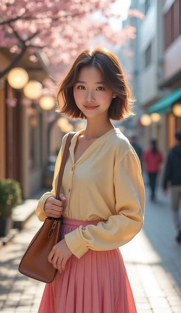 Cute 21 year old Japanese、shopping、Highly detailed facial features、Attention to detail、double eyelid、Beautiful thin nose、Sharp focus:1.2、beauty:1.4、(Light brown hair、short hair、)、Pure white skin、highest quality、masterpiece、super High resolution、(Realistic:1.4)、High resolution, Professional Lighting、nice smile、Please show me your whole body、skirt、Colorful spring clothes、A glimpse of the breast