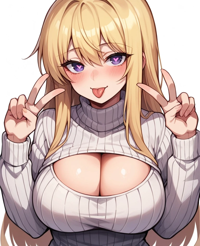 charlotte dunois, 1girl, solo, long hair, breasts, looking at viewer, blush, blonde hair, large breasts, simple background, white background, bow, cleavage, purple eyes, heart, tongue, tongue out, sweater, symbol-shaped pupils, clothing cutout, v, turtleneck, cleavage cutout, :p, ribbed sweater, meme attire, double v, open-chest sweater