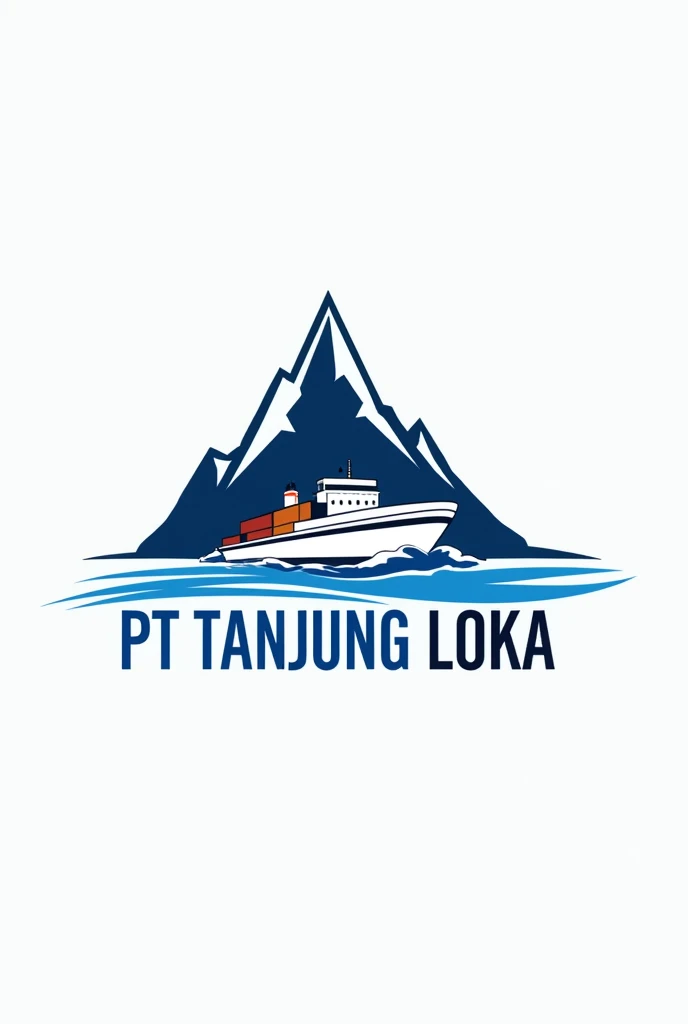 Design an iconic vector logo for an export company named 'PT TANJUNG LOKA,' featuring the elements of a mountain, ocean, and a container ship. The logo should have a clean and simple design, with stylized representations of the mountain and ocean, forming a strong and recognizable image. The container ship should be prominently placed, symbolizing the company’s core business in global trade. The company name 'PT TANJUNG LOKA' should be clearly displayed in the center of the logo, integrated seamlessly with the visual elements. The overall design should be minimalist yet powerful, with a focus on creating a timeless and memorable brand identity."