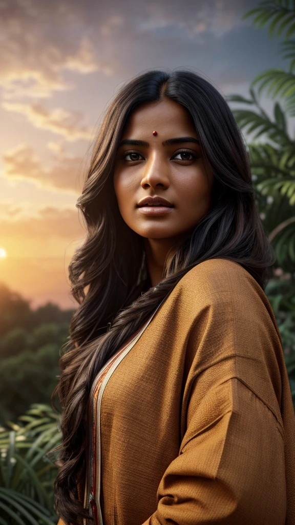 a beautiful indian looking woman with a round face and long hair, outdoor scenery, cloudy sky, sunset, a building with a sign, plants and bushes, (best quality,4k,8k,highres,masterpiece:1.2),ultra-detailed,(realistic,photorealistic,photo-realistic:1.37),HDR,UHD,studio lighting,ultra-fine painting,sharp focus,physically-based rendering,extreme detail description,professional,vivid colors,bokeh,portrait,landscape,cinematic lighting