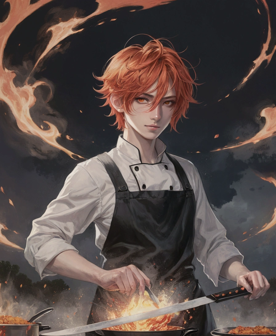 23-year-old male, 180cm tall, androgynous beauty, sharp golden eyes, short messy flame-red hair with a single vibrant red streak, medium build, ethereal appearance, wearing a disheveled black dress shirt with rolled-up sleeves, black skinny pants, holding a chef's knife surrounded by magical flames, sword master, various floating cooking utensils emitting sparks and embers, large orange paper umbrella behind head creating a halo effect, twilight sky background, reflective water surface, detailed anime style illustration, intense expression with slight smile, hidden power aura, culinary magic theme, fire and sparks swirling around the character