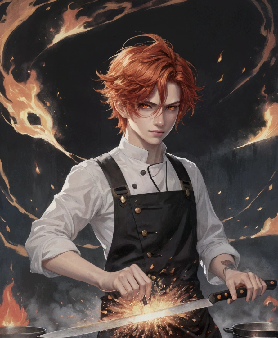 23-year-old male, 180cm tall, androgynous beauty, sharp golden eyes, short messy flame-red hair with a single vibrant red streak, medium build, ethereal appearance, wearing a disheveled black dress shirt with rolled-up sleeves, black skinny pants, holding a chef's knife surrounded by magical flames, sword master, various floating cooking utensils emitting sparks and embers, large orange paper umbrella behind head creating a halo effect, twilight sky background, reflective water surface, detailed anime style illustration, intense expression with slight smile, hidden power aura, culinary magic theme, fire and sparks swirling around the character