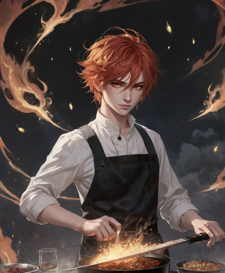 23-year-old male, 180cm tall, androgynous beauty, sharp golden eyes, short messy flame-red hair with a single vibrant red streak, medium build, ethereal appearance, wearing a disheveled black dress shirt with rolled-up sleeves, black skinny pants, holding a chef's knife surrounded by magical flames, sword master, various floating cooking utensils emitting sparks and embers, large orange paper umbrella behind head creating a halo effect, twilight sky background, reflective water surface, detailed anime style illustration, intense expression with slight smile, hidden power aura, culinary magic theme, fire and sparks swirling around the character