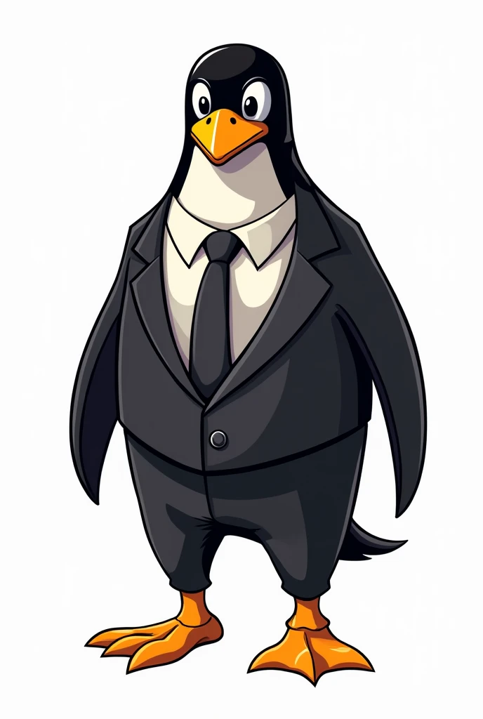 Linux mascot is  wearing business suite bravest 
human structure wearing business suite Linux mascot  mid shot retro comic style neno colours white background 4k image  human legs