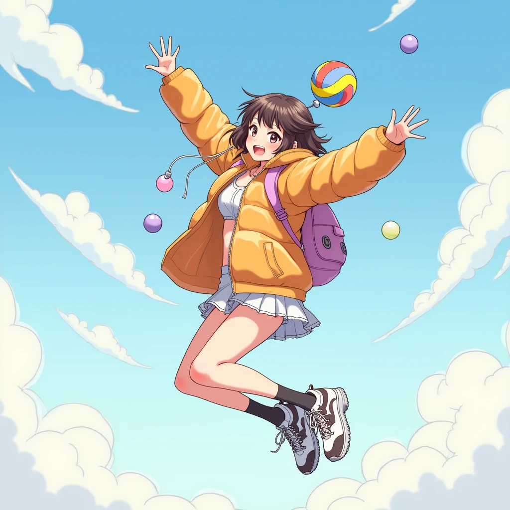 The person is jumping。
Wearing a balloon suit、They are flying with the wind。
She's wearing a light orange jacket。
The zipper is open and a rainbow can be seen on the inside.。He's wearing large sneakers。jumping towards a bright future, their eyes shining with anticipation for what lies ahead。
She's wearing a short skirt。The skirt has many spheres on it, and it looks soft。
A large telescope that seems to be able to see far away hangs from their neck.。
She is a volleyball player。Please play volleyball。It's an anime-style drawing