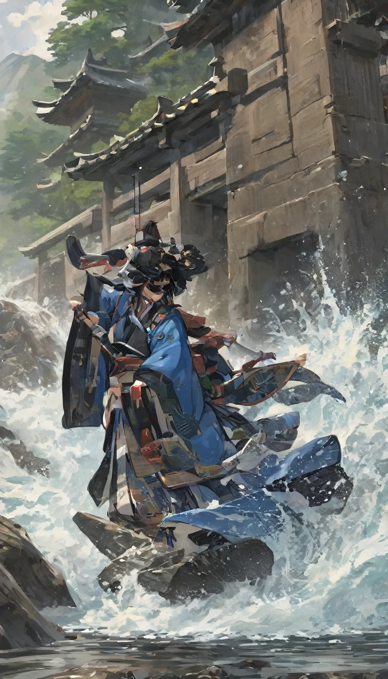 Water rushing past a carefully constructed dam, the samurai watching as the plan starts to go awry, a mix of frustration and surprise, natural forces overpowering human design.