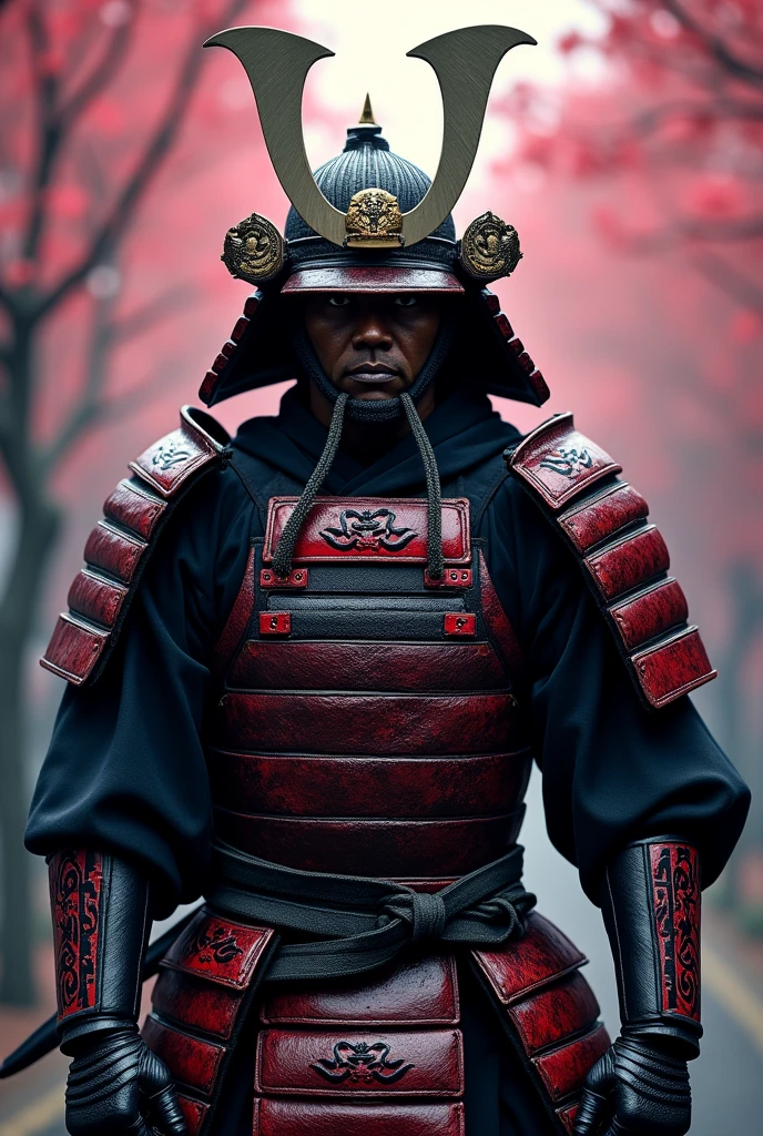 Samuri for discord pfp facing front with rad and black face
